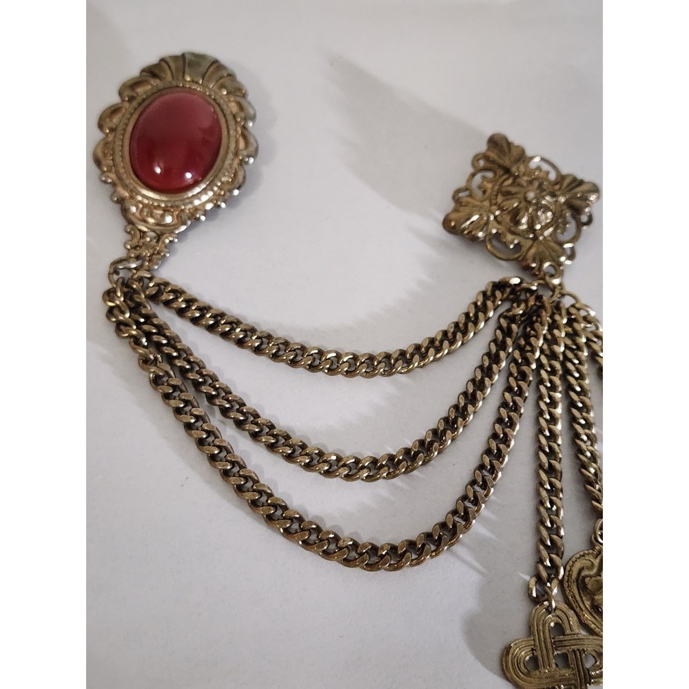 Vintage Gold Tone Sweater Guard Brooch Red Cabochon Triple Chain Heart Charms